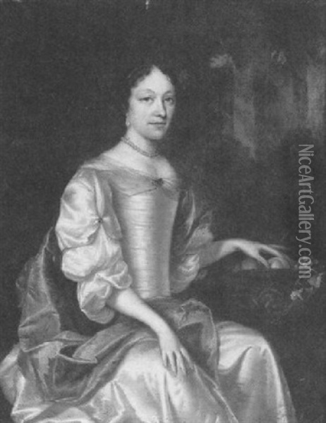 Portrait Of A Lady, Three Quarter Length Wearing A White    Dress Beside A Bowl Of Fruit Oil Painting - Caspar Netscher