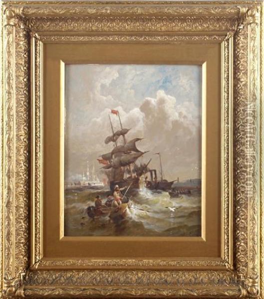 Tall Ships At Sea With Fishermen In Small Boat By A Buoy In The Foreground Oil Painting - William Gibbons
