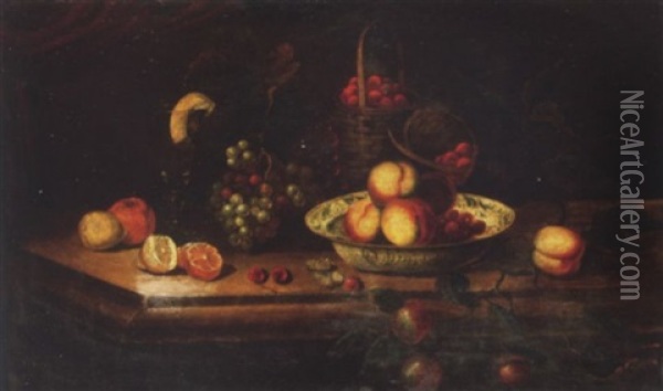 Peaches And Cherries In A Wan-li Kraak Bowl With Grapes, Lemons, Cherries, Baskets Of Strawberries And A Wine Glass On A Ledge Oil Painting - Herman van der Myn