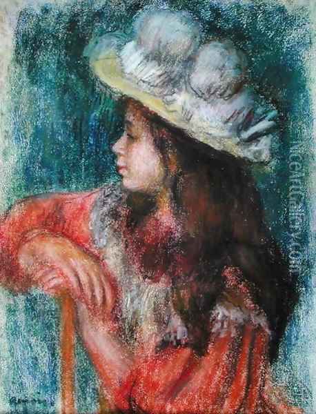 Seated Young Girl in a White Hat 1884 Oil Painting - Pierre Auguste Renoir