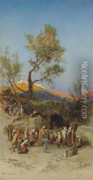 Pilgrims Journeying To The Mount Of Olives, Jerusalem Beyond Oil Painting - Hermann David Salomon Corrodi