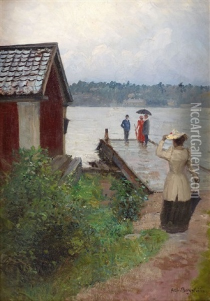 Vid Bryggan Oil Painting - Alfred Mauritz Bergstroem