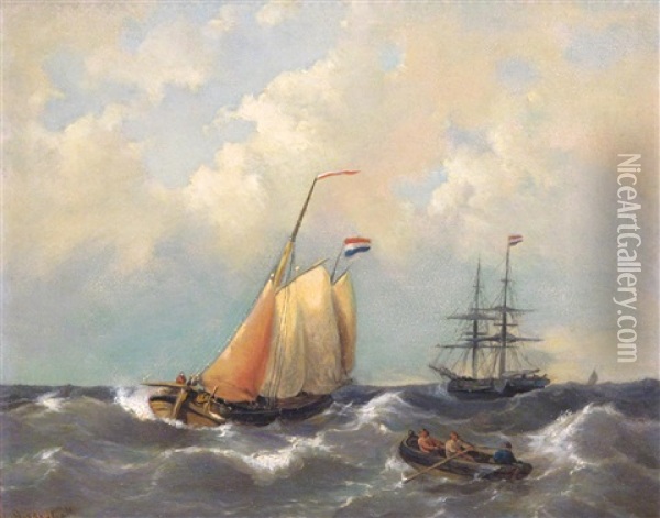 Dutch Ships In Choppy Seas Oil Painting - George Willem Opdenhoff