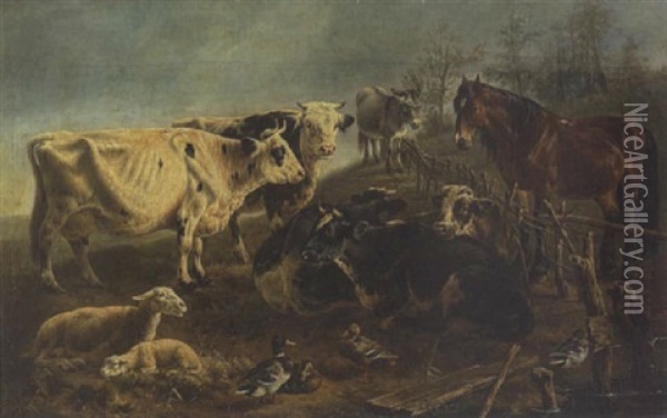 Schafe, Kuhe, Pferd, Esel Und Enten Auf Der Weide Oil Painting - Joseph Augustus Knip