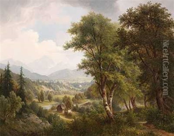 Ostrigsk Landskab Med Store Traeer I Forgrunden, I Baggrunden Bjerge Oil Painting - Josef Burgaritzky