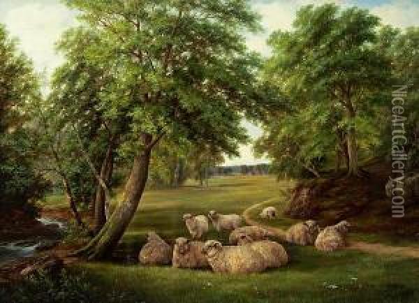 Sheep Resting In A Landscape Oil Painting - Henry Harold Vickers