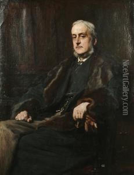 Portrait Of Henry Jeffreys Bushby, Seated, Wearing A Coat Edged With Fur Oil Painting - Frank Holl