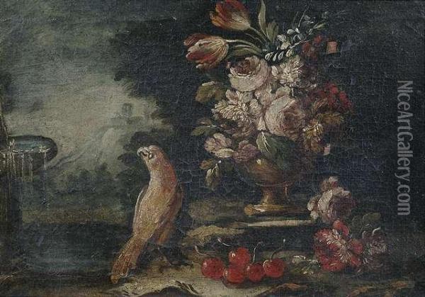 Flowers In A Vase And A Parokeet. Oil Painting - Francesco Guardi