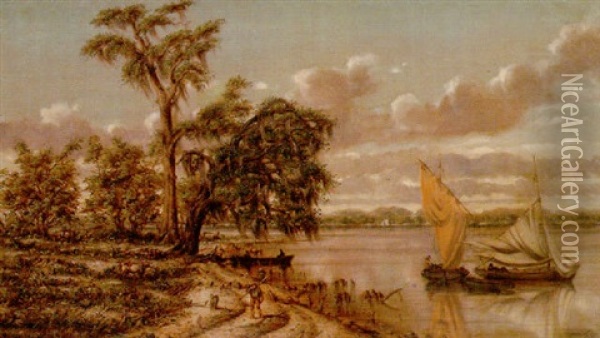 Louisiana Shorescape With Boats, Figures And Cattle Oil Painting - Marshall Joseph Smith Jr.
