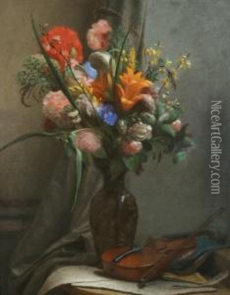 Natura Morta Con Fiori E Violino Oil Painting - Michele Gordigiani