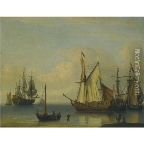 Dutch Vessels Anchored Close To The Shore In A Calm Oil Painting - Aernout (Johann Arnold) Smit