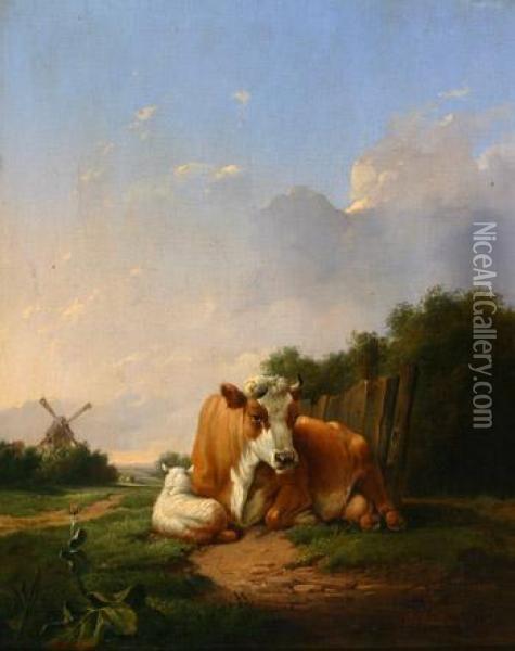 Cow And Sheep Resting In A Landscape Withwindmill Oil Painting - Eugene Joseph Verboeckhoven