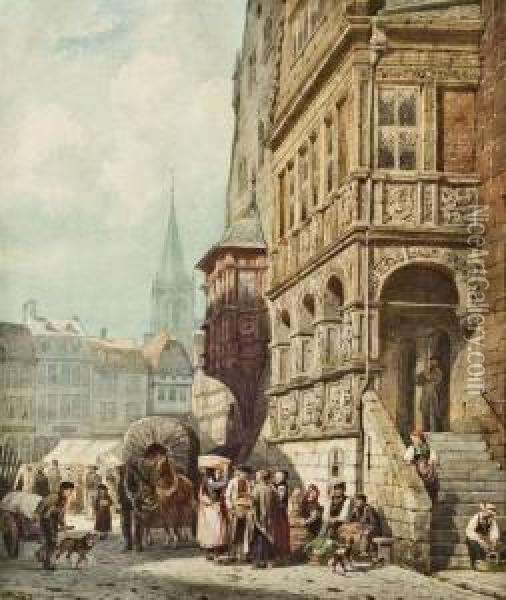 Rathaus Und Markt In Halberstadt Oil Painting - Cornelis Springer