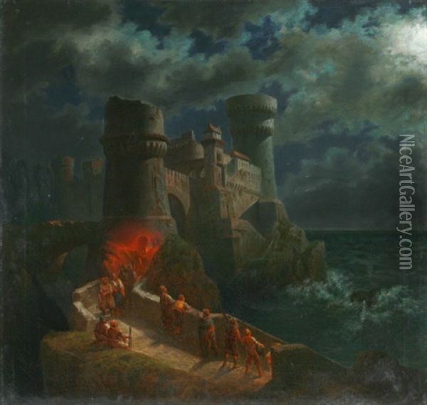 Kaukasische Krieger Bei Der Nachtwache Auf Einer Riesigen Burganlage Am Meer Oil Painting - Waldemar Knoll