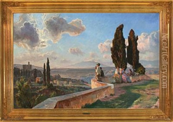 Calm Evening In Italy, Presumably From The Alban Mountains Oil Painting - Viggo Pedersen