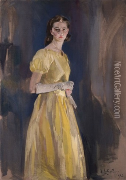 Junge Dame Im Gelben Kleid Oil Painting - Virgilio Constantini