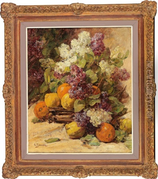 Still Life With Bouquet Of Lilacs And Lemons Oil Painting - Georges Jeannin