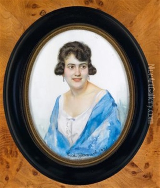 Bildnis Der Frau Wally Holzer In Weisem Kleid Und Blauem Umhang Oil Painting - Rudolf Sternad