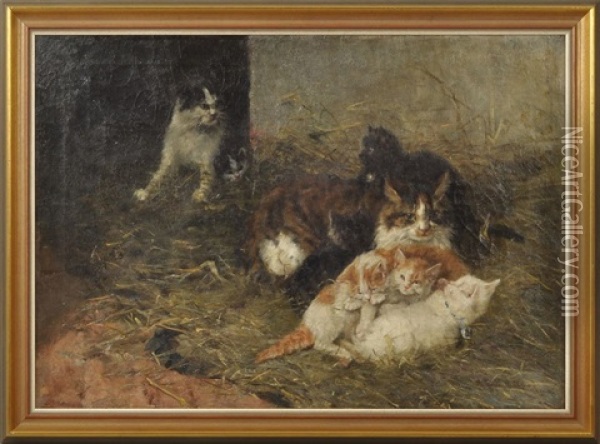 Katze Mit Jungen Im Heu Oil Painting - Clemence Nielssen