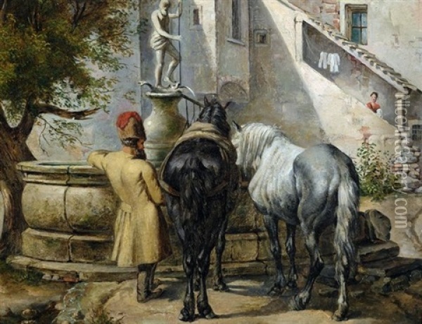 Reiter Mit Seinen Pferden Am Neptunbrunnen Eines Gehofts Oil Painting - Franz Xaver Gruber