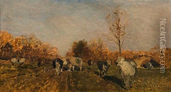 Landscape With Cattle Oil Painting - Emil Jacob Schindler