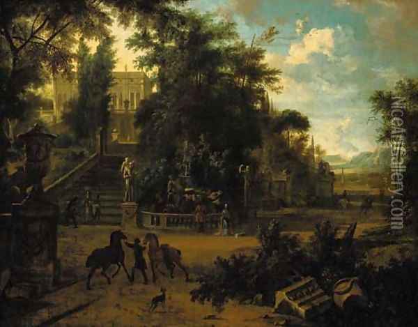 The gardens of a renaissance palace with elegant company, horses and grooms Oil Painting - Isaac de Moucheron