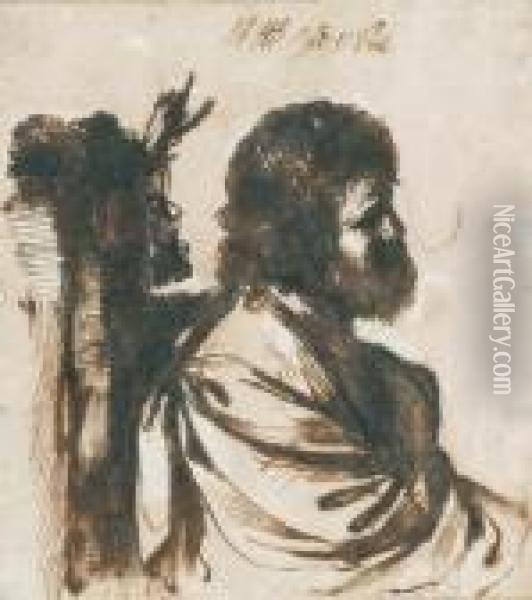 A Study Of A Bearded Man In Profile Oil Painting - Guercino