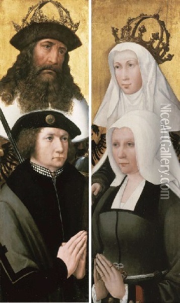 The Emperor Charlemagne And Elisabeth Von Thuringen As Patron Saints Of Two Donors - Guillaume De Bourgoing And Philippa Le Clerc Du Tremblay? (wings Of An Altarpiece) Oil Painting - Michiel Coxie the Elder