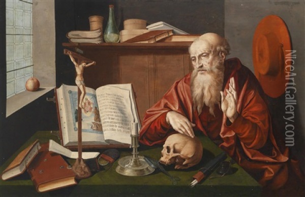 Der Heilige Hieronymus In Seinem Studierzimmer Oil Painting - Marinus van Reymerswaele