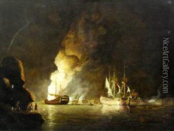 Man O' War Lying At Anchor In A Fortified Harbour, The Scene Lit By An Explosion Oil Painting - George Arnald