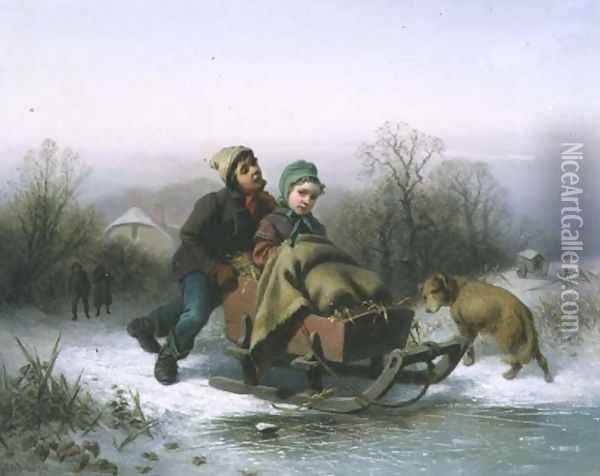 A Boy Pushing a Young Girl in a Sledge Oil Painting - Jan Walraven