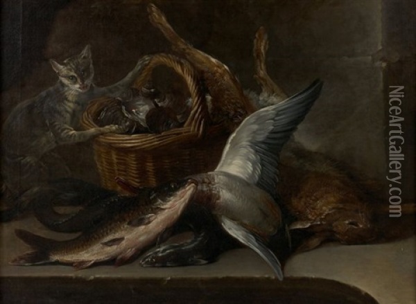 Chat Pres D'un Panier De Coquillages, Poissons Et Gibier Oil Painting - Nicolas Henry Jeaurat De Bertry