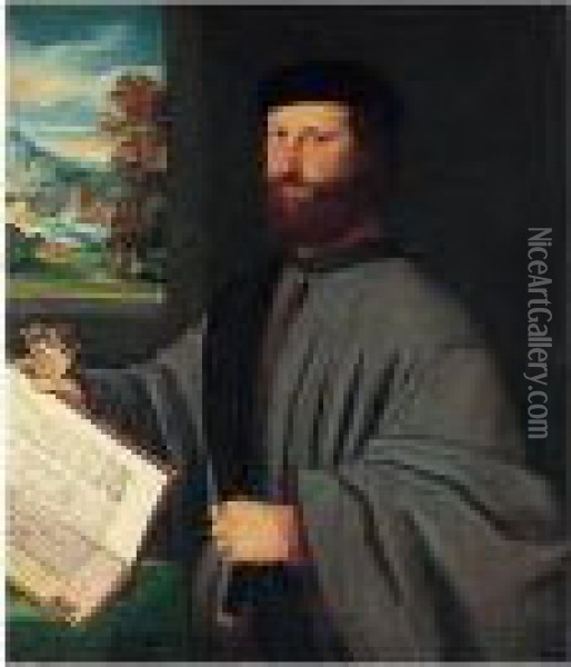 A Portrait Of A Gentleman, 
Half-length Standing, Holding A Book And Gloves In His Right Hand, A 
View Of A Landscape With A Couple Embracing Under A Tree Visible Through
 A Window Beyond Oil Painting - Bonifacio Veronese (Pitati)