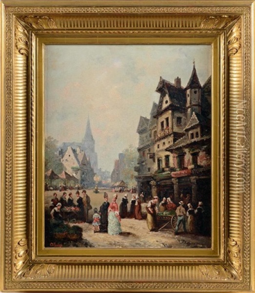 Marche Au Pied De Maisons Medievales Oil Painting - Guillaume Francois Colson