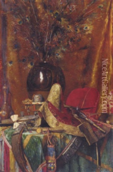 A Vase Of Peacock Feathers, Assorted Swords, A Pistol, A Saddle, And Other Orientalist Objects On A Table Oil Painting - Maurice Bompard