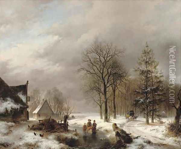 Villagers on the ice by farmhouses, a diligence approaching Oil Painting - Andreas Schelfhout