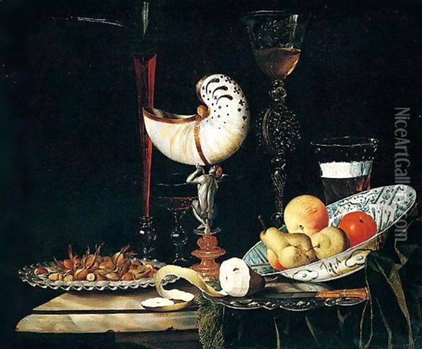 Still life of a nautilus cup Oil Painting - Johann Georg (also Hintz, Hainz, Heintz) Hinz