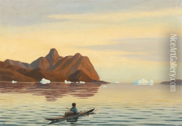 Kayak On Godthabsfjorden Oil Painting - Emanuel A. Petersen