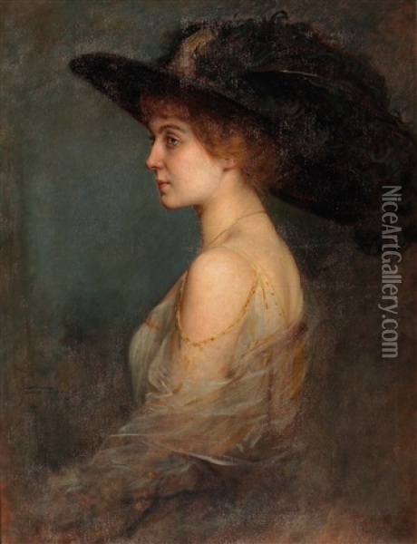 Profile Portrait Of A Woman With Large Hat Decorated With Feathers Oil Painting - Arthur von Ferraris