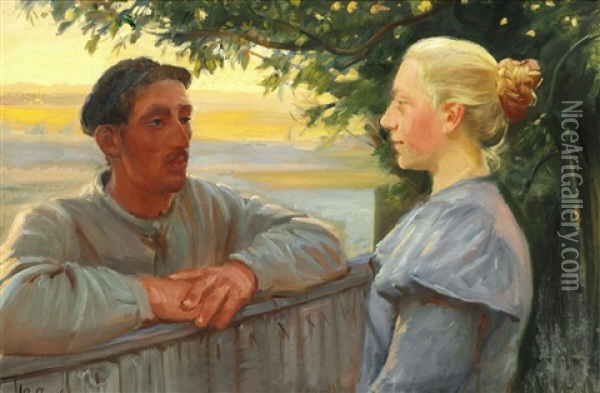 Meeting Across The Fence Oil Painting - Anna Kirstine Ancher