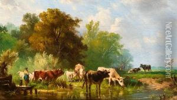 Tableau Vivant - Cows Watering At A Stream, A Pair Oil Painting - Gerrit Jan Michaelis