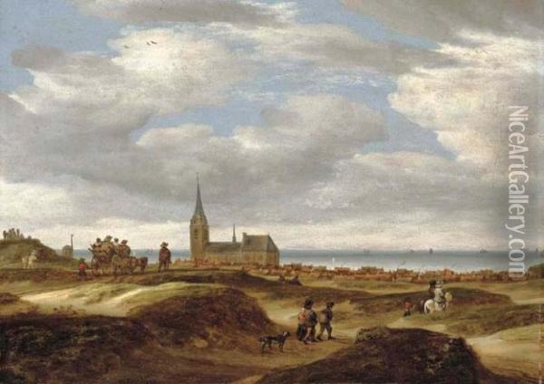 A View Of Scheveningen From The Dunes With Travellers On A Path, The Sea Beyond Oil Painting - Salomon van Ruysdael
