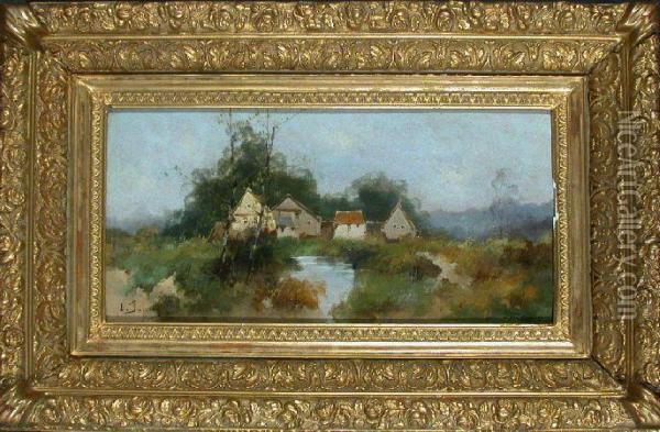 Country Cottages By A Stream Oil Painting - Eugene Galien-Laloue