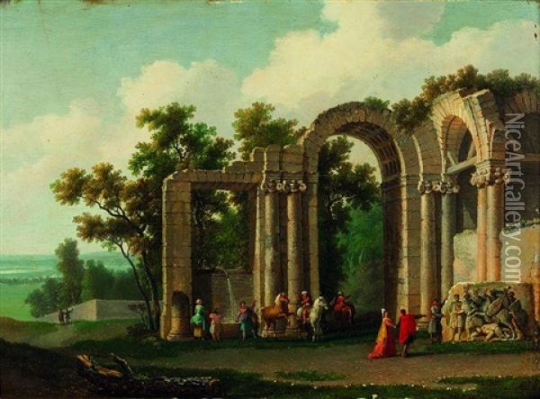 Visiteur Dans Les Ruines Antiques Oil Painting - Jean Baptiste Francois Genillion