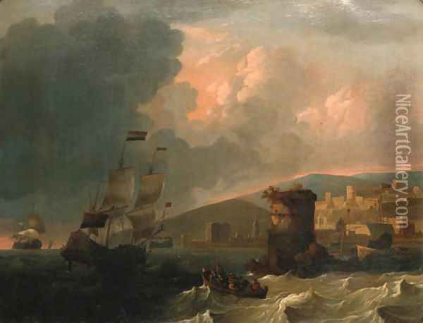 Dutch shipping off an Italianate harbour Oil Painting - Wigerus Vitringa