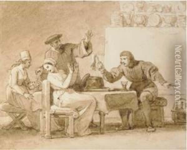 Une Femme Assise Se Cachant D'un Homme Tenant Une Main Oil Painting - Alexandre Evariste Fragonard