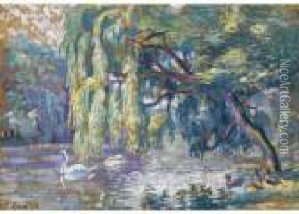 Famille De Cygnes (le Bois De Boulogne) Oil Painting - Henri Edmond Cross