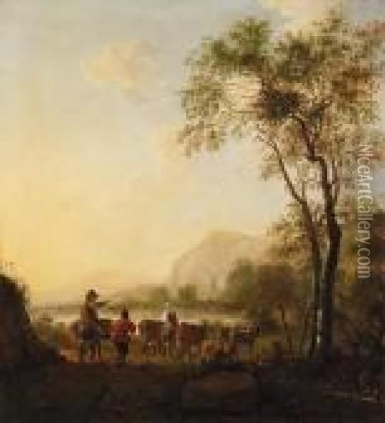 Sherherds With Their Cattle In A Vast River Landscape Oil Painting - Frederick De Moucheron