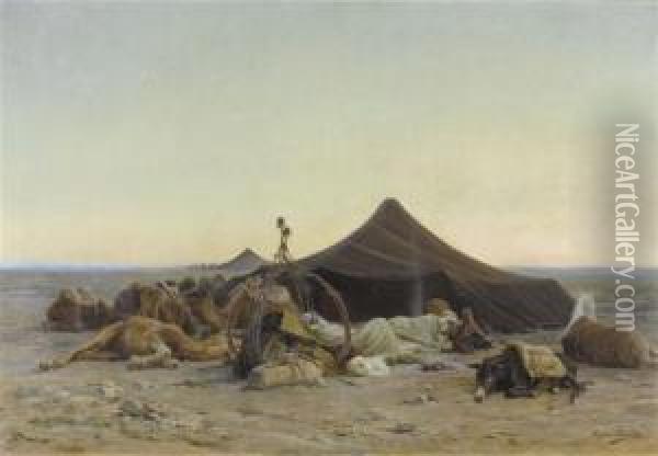 Bedouins And Camels Resting In The Desert Oil Painting - Eugene-Alexis Girardet