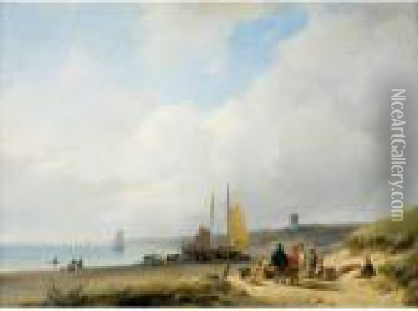 Figures On The Dutch Coast, A Lighthouse In The Distance Oil Painting - Andreas Schelfhout